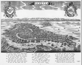 Plan von Venedig mit drei Texten in Latein, Niederländisch und Französisch